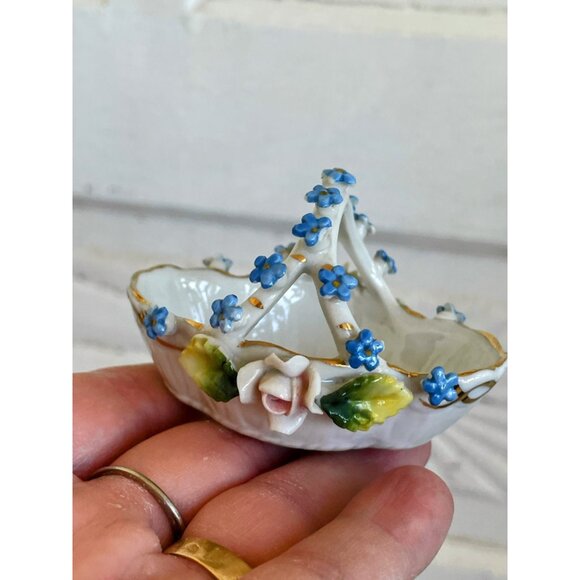 Antique 2 Porcelain Rose & Forget Me Nots Trinket Basket Elfinware Floral German - Picture 5 of 15